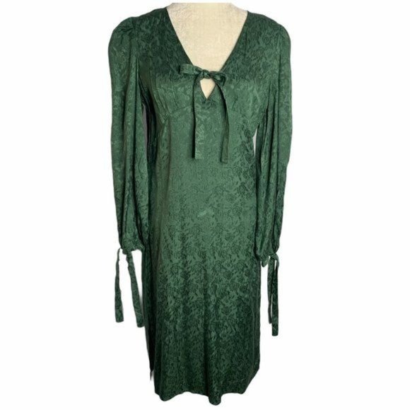 Walter Baker Retro Jacquard Aura Dress 6 Green Floral Long Sleeve V Neck Bow NEW - Picture 1 of 8
